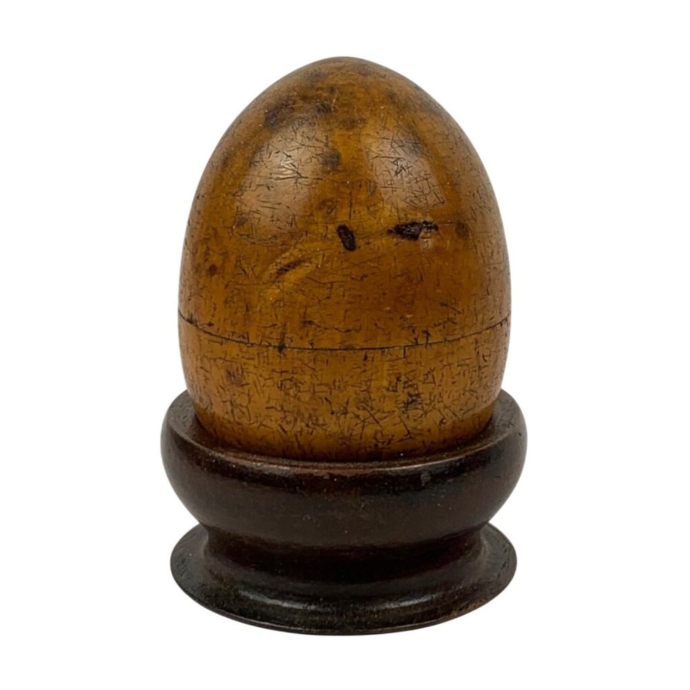VTG Wooden Egg Shaped Collectable Decorative Paperweight Sculpture w/ Stand
